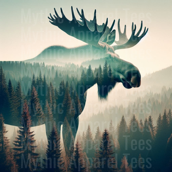 Bull Moose Double Exposure with Misty Pine Forest and Mountain Wilderness