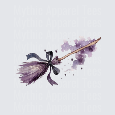 Watercolor Witch Broomstick with Dark Bow Stars and Purple Magic Smoke Trail