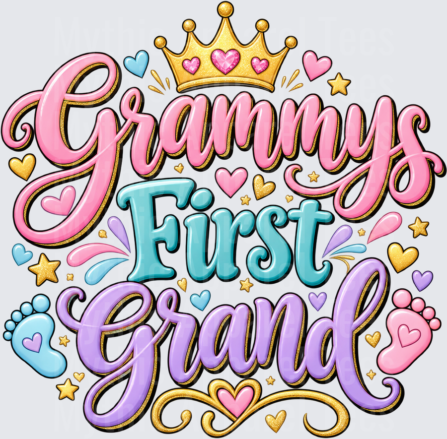 Grammy's First Grand Gold Crown Pink Teal Purple Script with Hearts Stars and Baby Footprints
