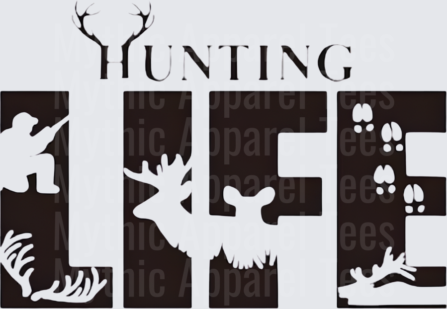 Hunting Life Bold Letter Design with Deer Silhouette and Hunter
