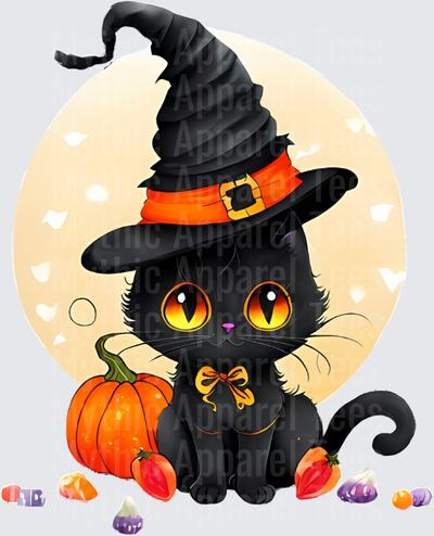 Cute Black Witch Cat with Orange Eyes Pumpkin and Halloween Candy Full Moon Background