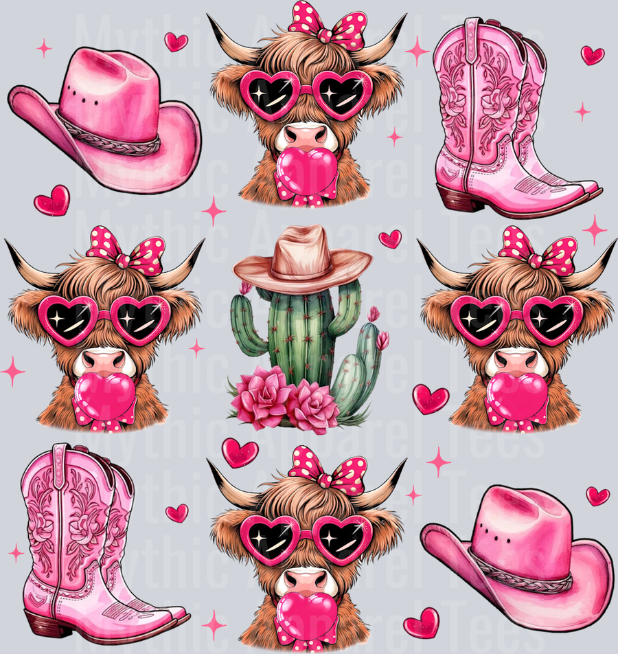 Cowgirl Valentines Highland Cow with Cowgirl Boots DTF Valentines Day Transfers