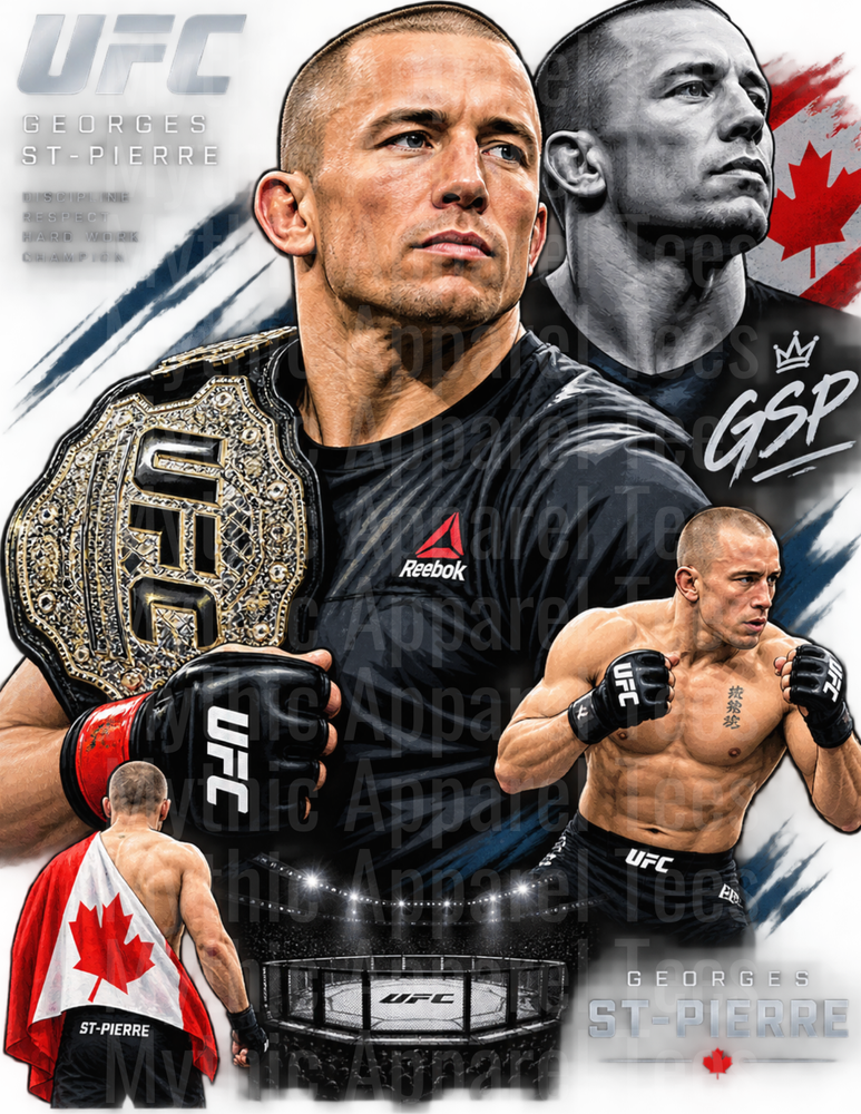 Georges St-Pierre GSP UFC Champion Canadian Flag Collage Portrait with Belt and Fighting Pose