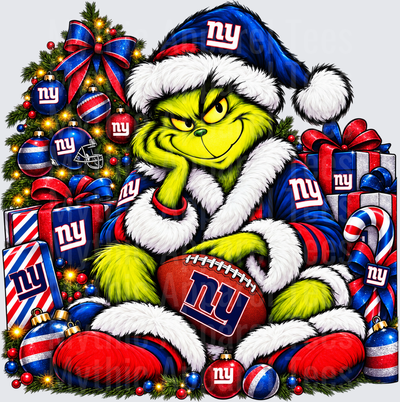 New York Giants Grinch Santa Holding Football Surrounded by NY Giants Christmas Gifts and Ornaments