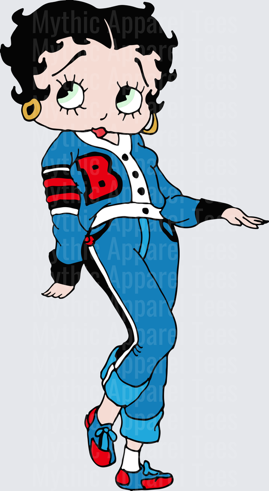 Betty Boop Dancing in Blue Varsity Jacket Tracksuit with Red Sneakers and Gold Hoop Earrings