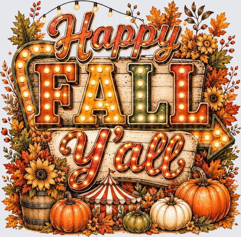 Happy Fall Y'all Marquee Lights Sign with Pumpkins Sunflowers and Autumn Leaves