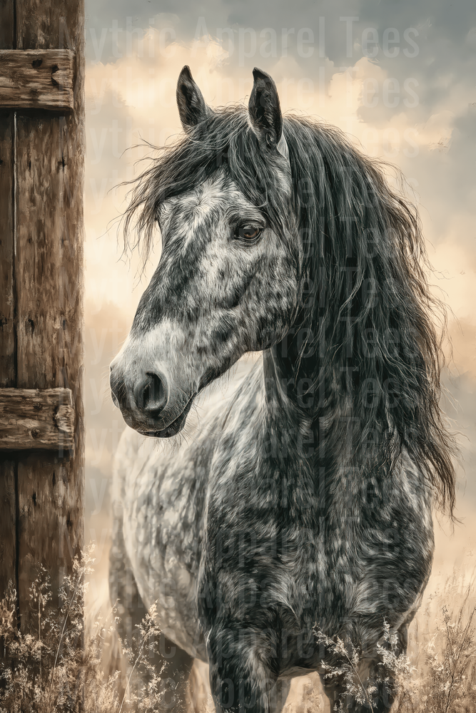 Majestic Dapple Gray Horse with Flowing Black Mane Rustic Barn Portrait