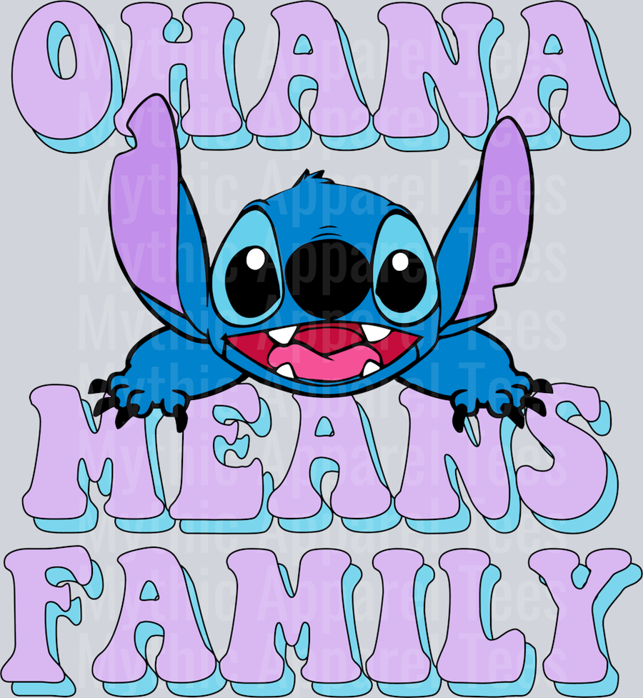 Ohana means family with purple words and blue stitch DTF Lilo and Stitch Transfers
