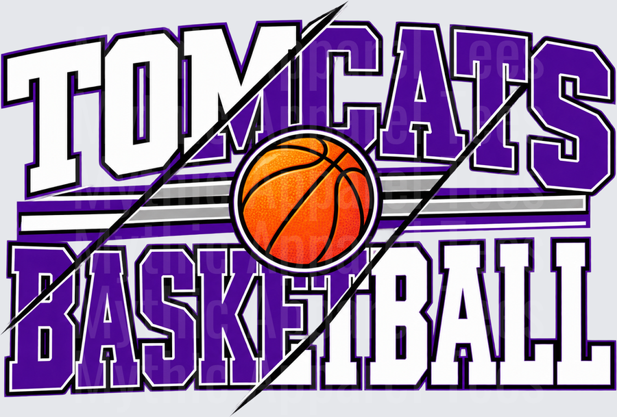 Pro Tomcats Basketball Purple and White Bold Lettering with Basketball and Lightning Bolt Graphic
