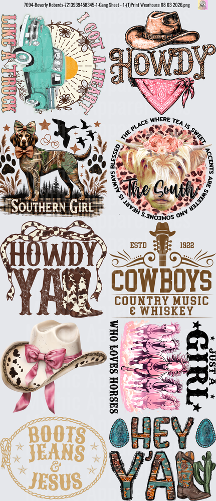 Gang Sheet FULL SIZE DESIGNS Country Western Cowboy Howdy Southern Girl Boots Jeans Jesus Collection