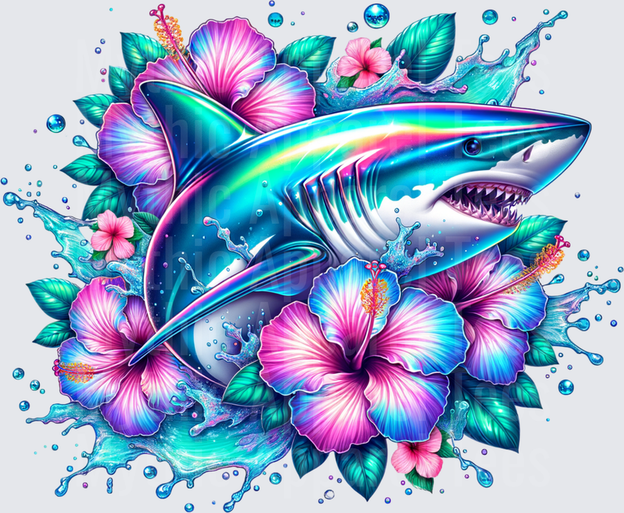 Ocean Animals Holographic Shark Tropical Hibiscus Splash