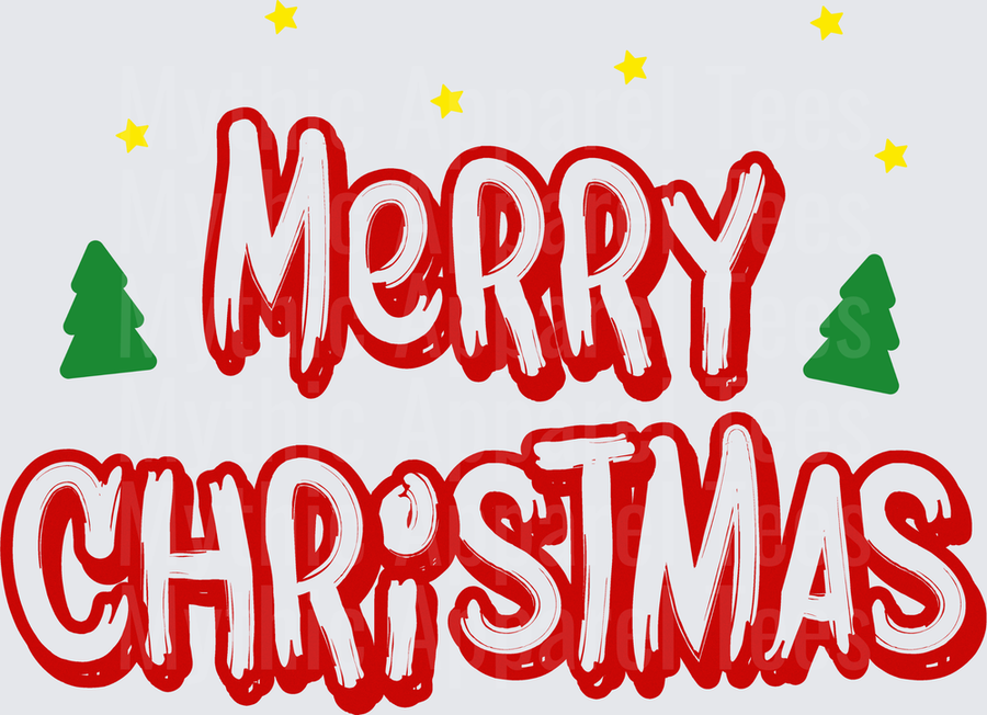 Merry Christmas Bold Red White Lettering with Green Trees and Yellow Stars Holiday Design