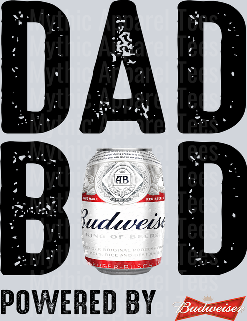 Dad bod powered by Budweiser black white DTF Drink Transfers