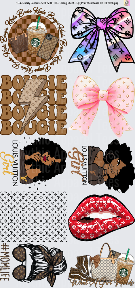 Gang Sheet FULL SIZE DESIGNS Luxury Designer Inspired Fashion Bundle with Bows Lips and Coffee