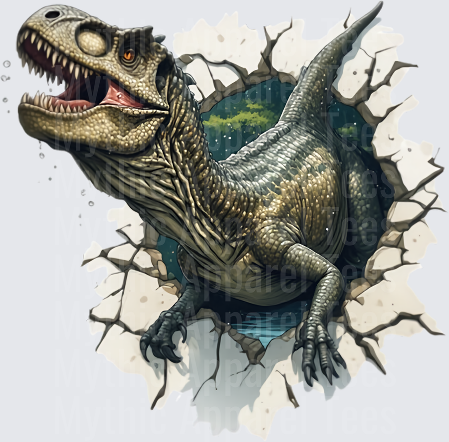 Ferocious T-Rex Bursting Through Cracked Wall Prehistoric Jungle Scene