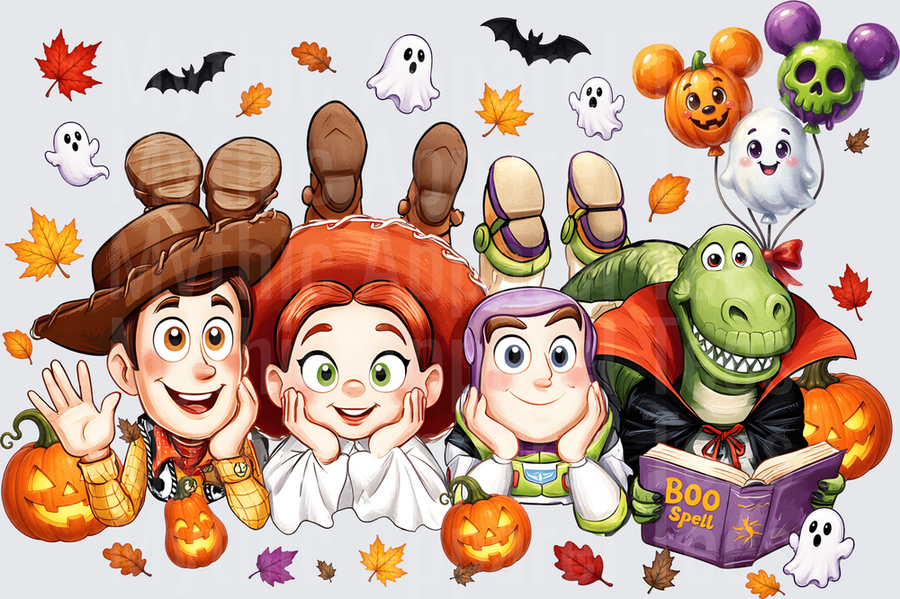 Halloween Toy Story Woody Jessie Buzz Lightyear and Rex in Spooky Costumes with Jack-o-Lanterns Bats Ghosts and Boo Spell Book Fall Leaves Mickey Balloons