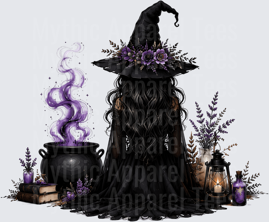 Halloween Witch Back View Purple Cauldron Floral Black Hat