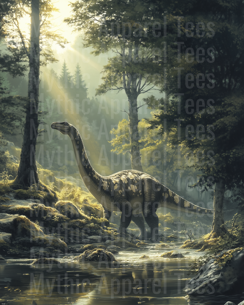 Majestic Sauropod Brachiosaurus Wading Through Sunlit Prehistoric Forest Stream