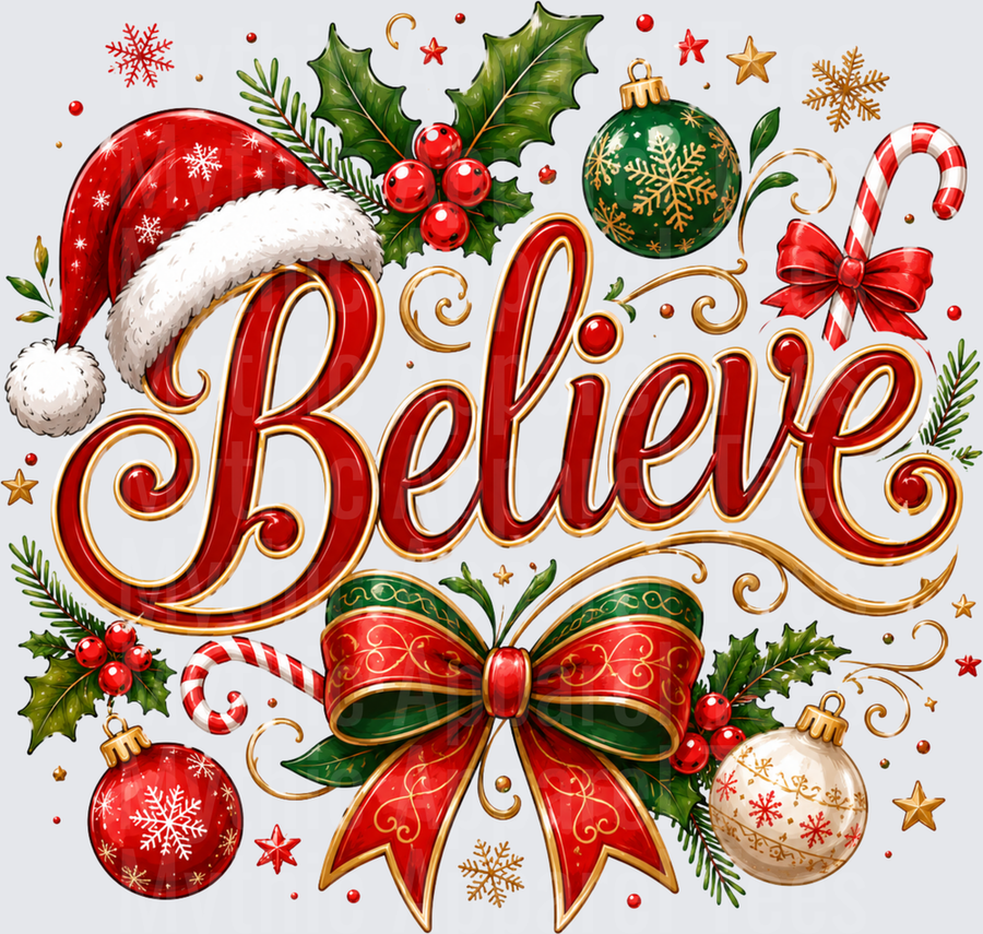 Believe Christmas Script with Santa Hat Holly Ornaments Candy Canes and Festive Bows