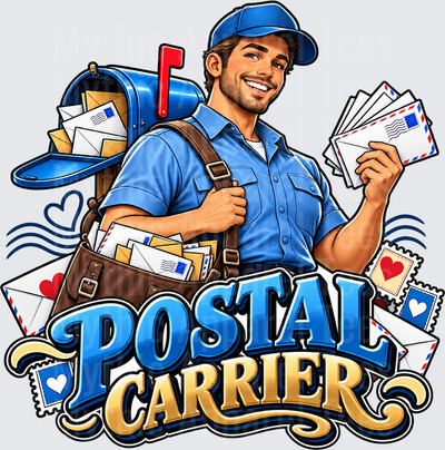Proud Postal Carrier Male Mail Carrier with Blue Uniform Mailbag Envelopes and Mailbox