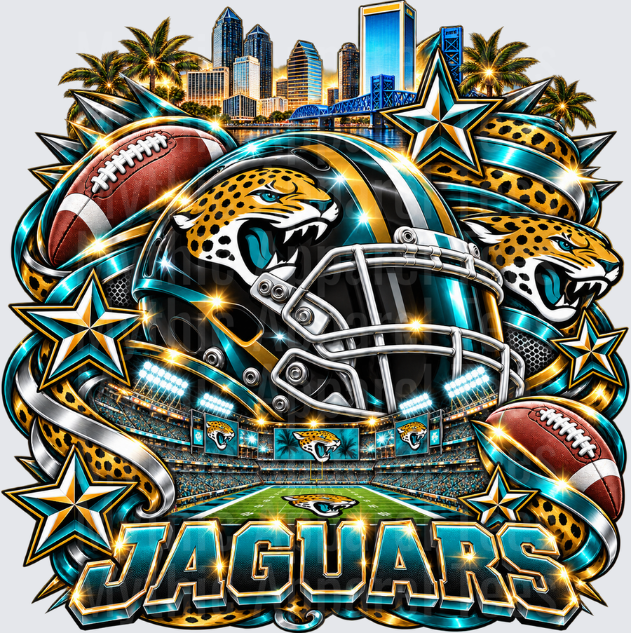Jacksonville Jaguars NFL Helmet Stadium Skyline Jaguar Mascot Teal Gold Glitter Fan