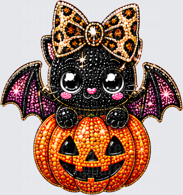 Halloween Bling Cute Black Bat Kitty with Leopard Print Bow Sitting on Jack-o-Lantern Rhinestone Sparkle Design