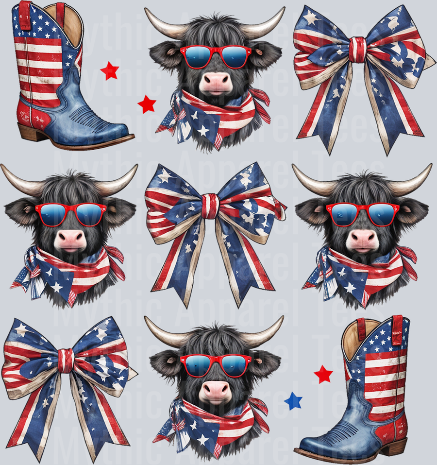 Highland Cow and Cowgirl Boots Bow Red White and Blue DTF Western Patriotic Transfers