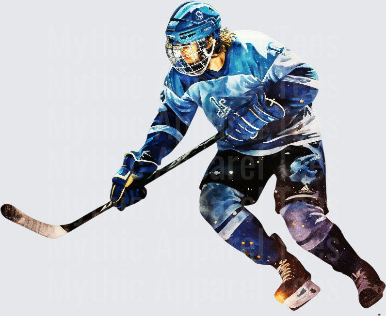 Ice Hockey Player Watercolor Art Blue Jersey Action Pose
