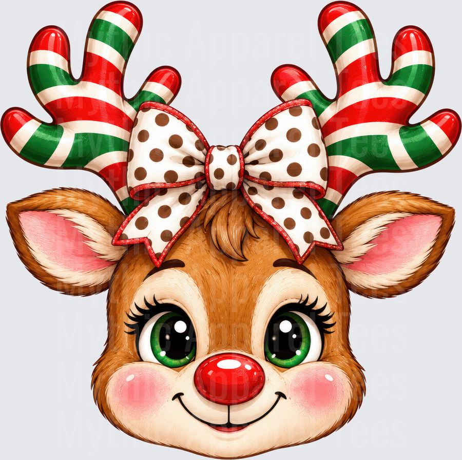 Cute Girl Rudolph Red Nosed Reindeer Face with Candy Cane Striped Antlers and Polka Dot Bow