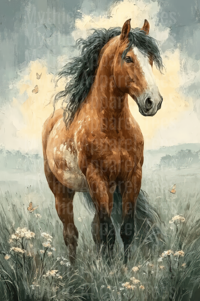 Majestic Chestnut Horse with Dark Flowing Mane Standing in Wildflower Meadow with Butterflies Oil Painting Style