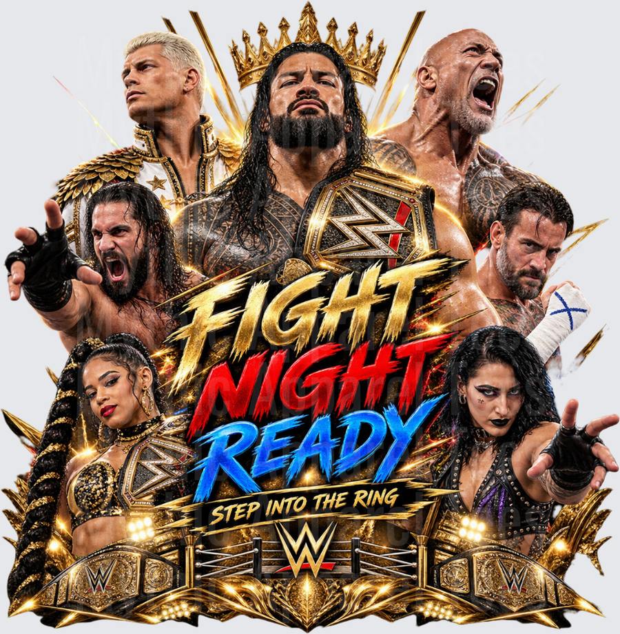 WWE Fight Night Ready Step Into The Ring Roman Reigns Crown Champion Collage with Cody Rhodes Seth Rollins The Rock CM Punk Bianca Belair and Rhea Ripley Gold Championship Belts