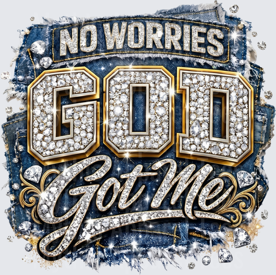 No Worries God Got Me Rhinestone Diamond Bling Denim Patch Christian Faith Design