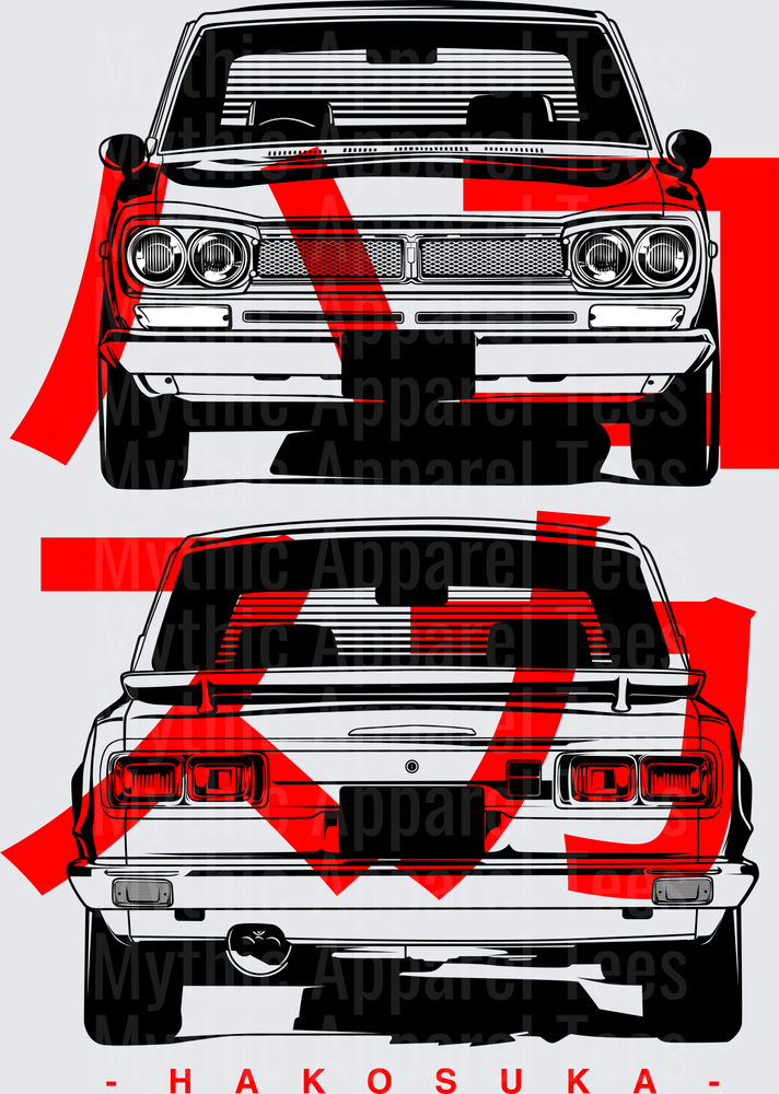 Drifting and Muscle Cars Nissan Skyline Hakosuka Front and Rear Red Japanese Kanji Graphic