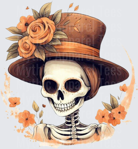 Boho Skeleton Lady with Brown Wide Brim Hat and Orange Roses Fall Floral Wreath Skull