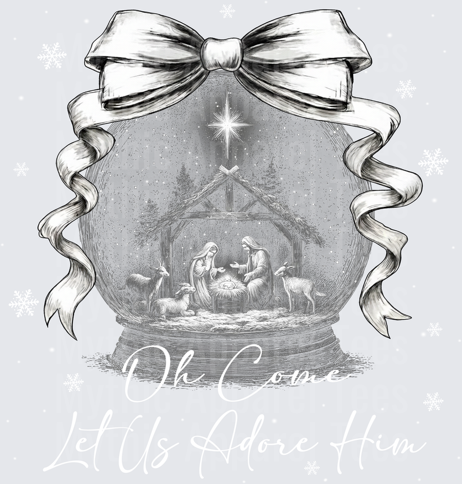 Vintage Grayscale Nativity Scene Snow Globe with Silver Ribbon Bow and Star of Bethlehem
