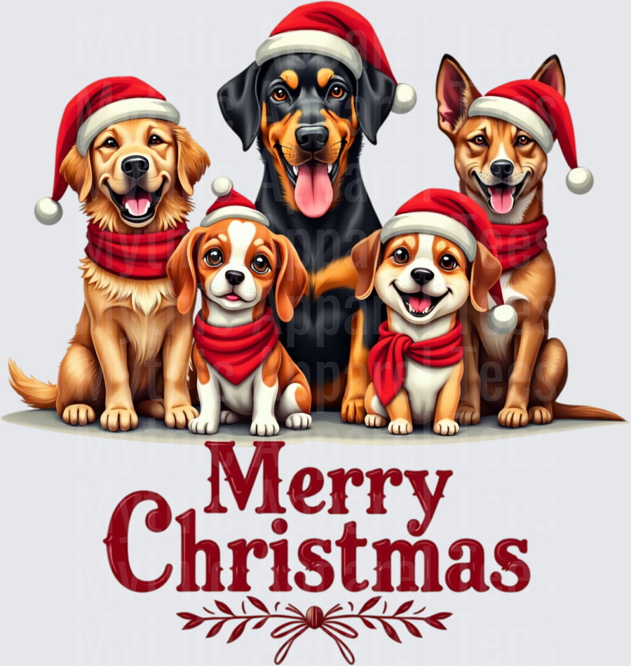 Merry Christmas Dog Squad Golden Retriever Doberman German Shepherd Beagle Puppies Santa Hats Red Scarves Holiday