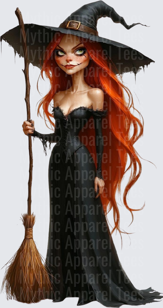 Sinister Red-Haired Witch in Tattered Black Gown Holding Broomstick with Wide-Brimmed Hat