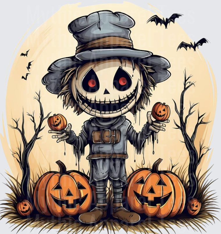 Halloween Gothic Witches Scarecrow With Red Eyes Jack-O-Lanterns Bats