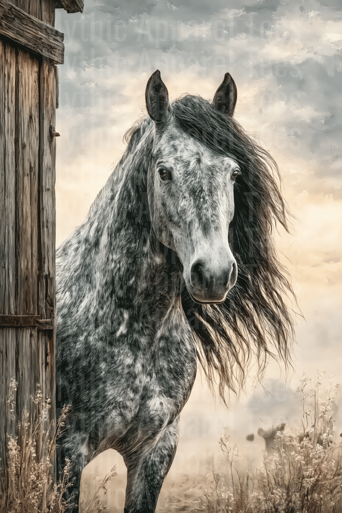 Majestic Dapple Gray Horse with Flowing Black Mane Beside Rustic Wooden Barn