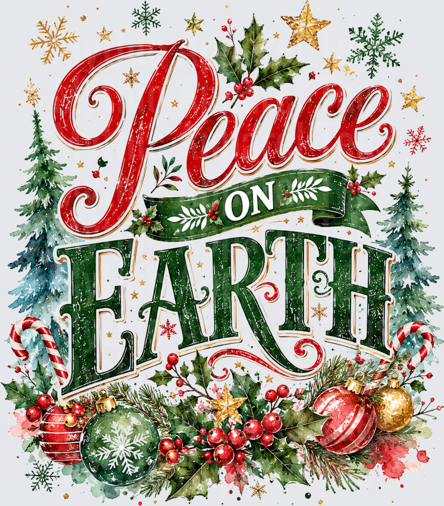 Peace On Earth Watercolor Christmas Holiday Typography with Holly Berries Ornaments and Snowflakes