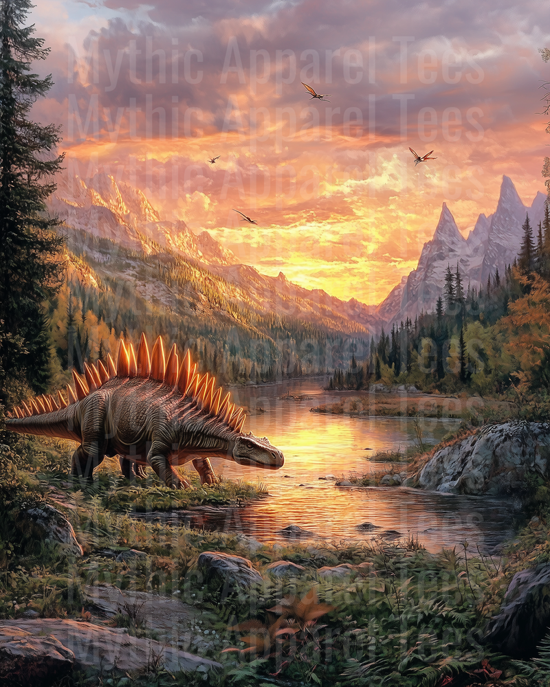 Glowing Stegosaurus by River at Golden Sunset with Pterodactyls and Mountain Wilderness Landscape