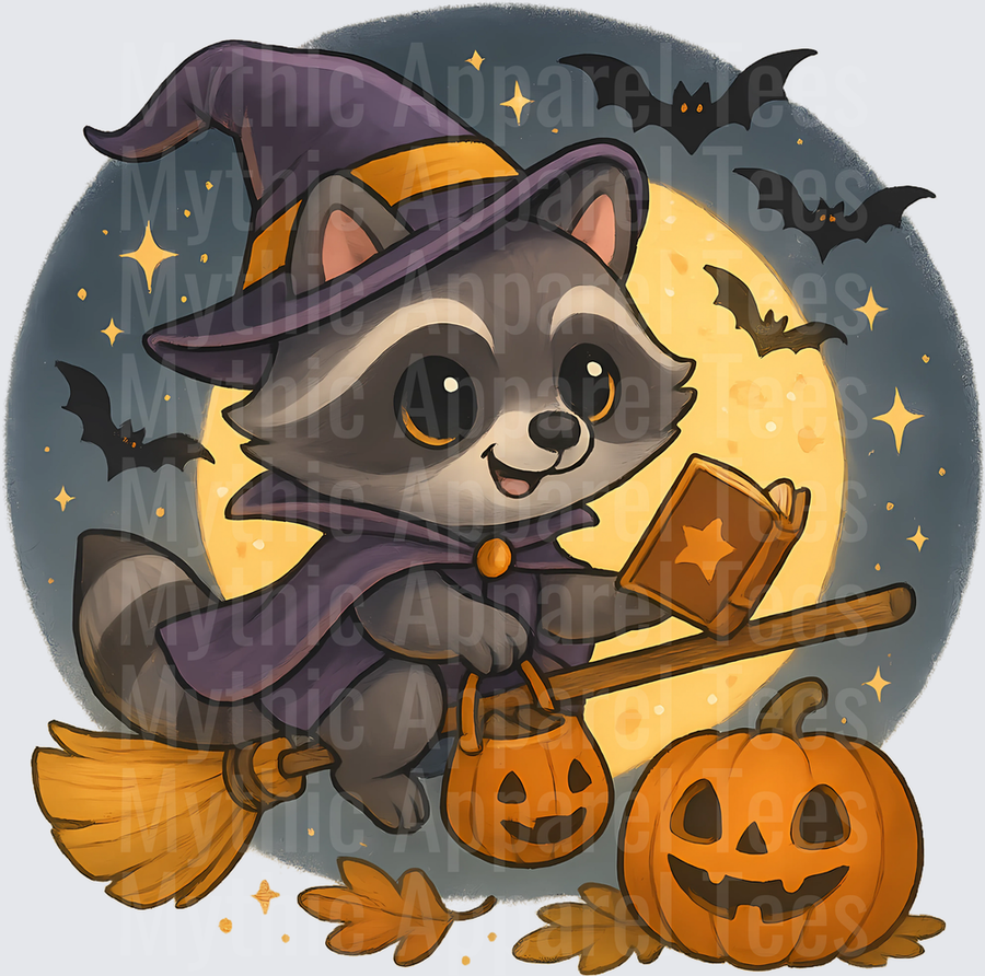 Cute Witch Raccoon Riding Broomstick with Jack-O-Lanterns Bats and Full Moon Halloween Night