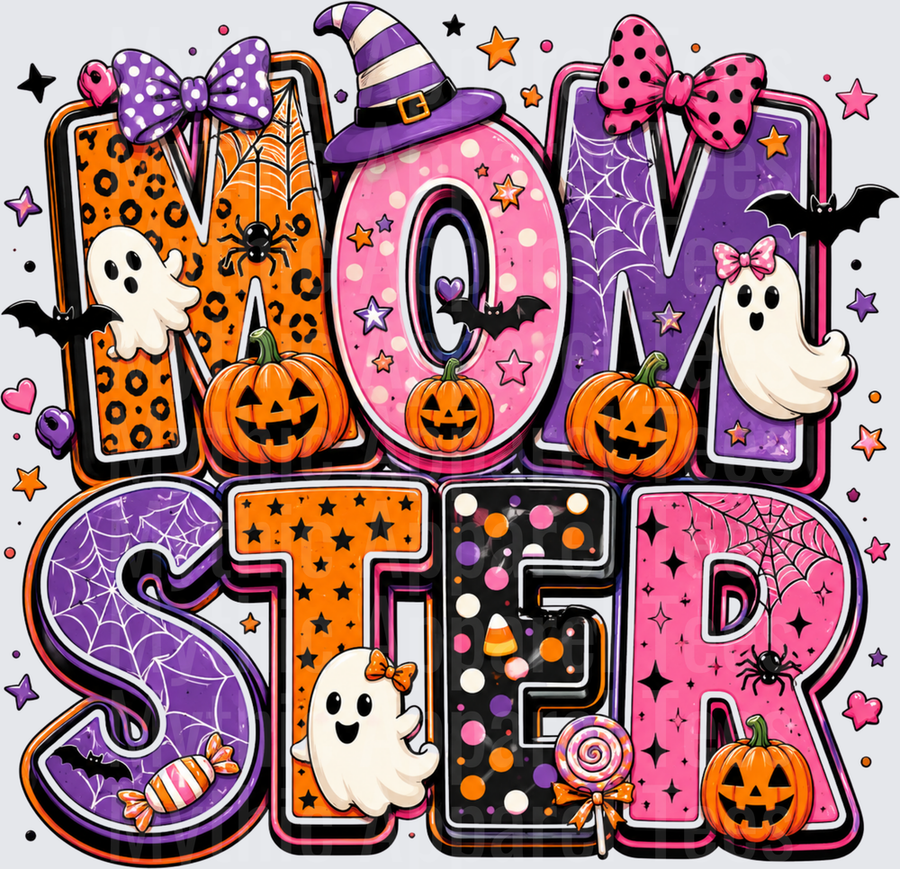 Momster Halloween Leopard Print Witch Hat Ghost Pumpkin Spider Web Pink Purple Orange Spooky Mom Typography