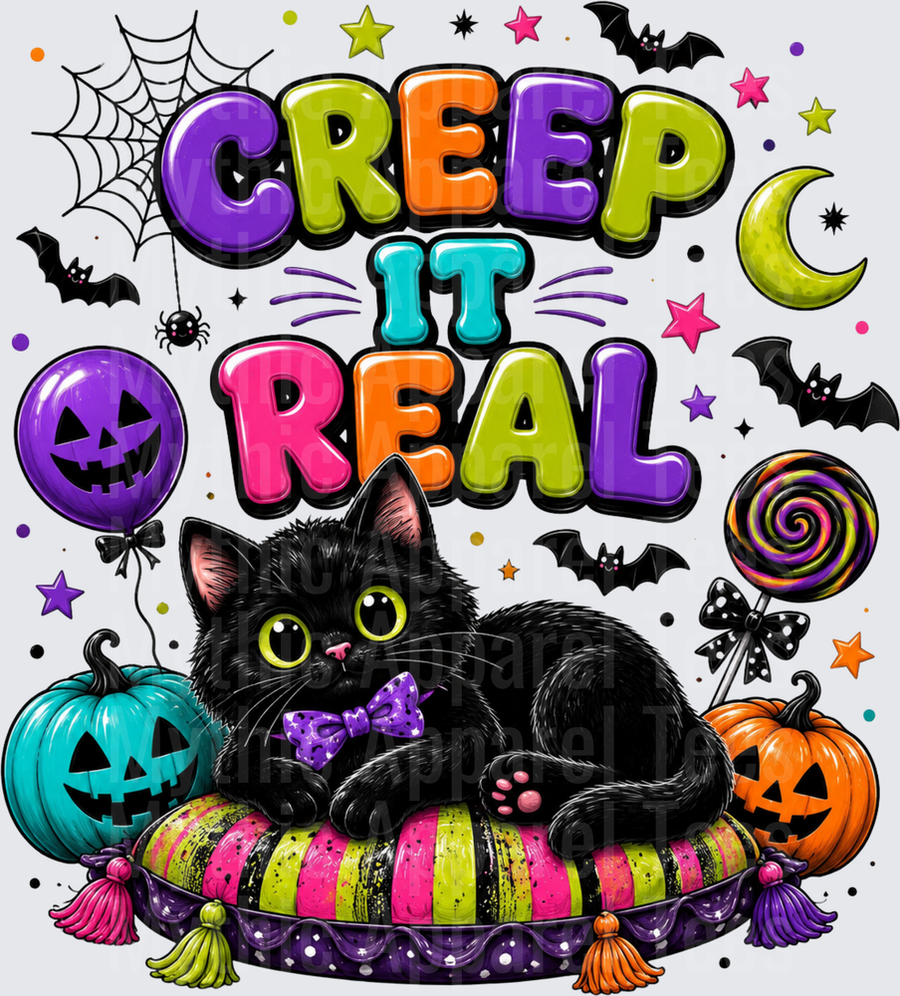 Halloween Creep It Real Black Cat With Purple Bow On Colorful Striped Cushion Surrounded By Jack-O-Lanterns Bats And Candy