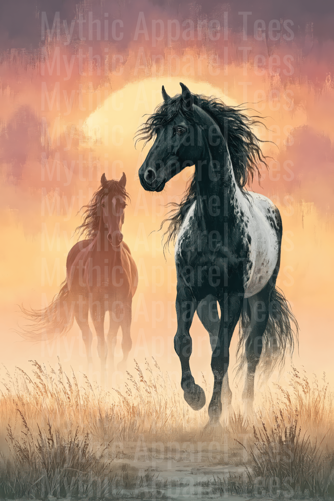 Wild Mustang Horses Running Through Golden Sunset Prairie Fields Black Pinto and Chestnut Mares