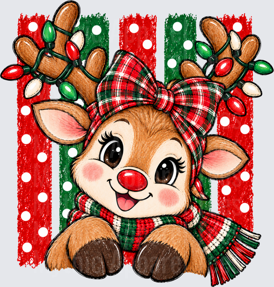 Cute Rudolph Red Nosed Reindeer Girl with Plaid Bow Christmas Lights and Scarf on Red Green Polka Dot Striped Background