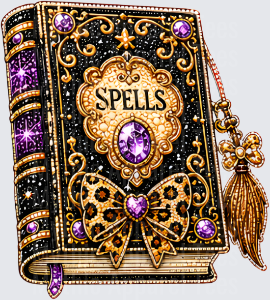 Halloween Bling Ornate Spells Book with Leopard Print Bow Purple Amethyst Gems and Gold Filigree Witch Spellbook