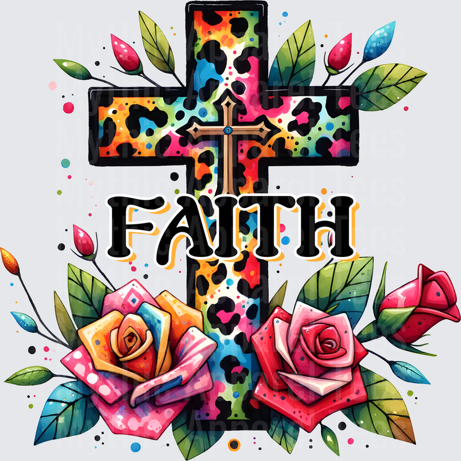 Faith Cross Colorful Leopard Print Floral Roses Watercolor Splatter Christian Religious