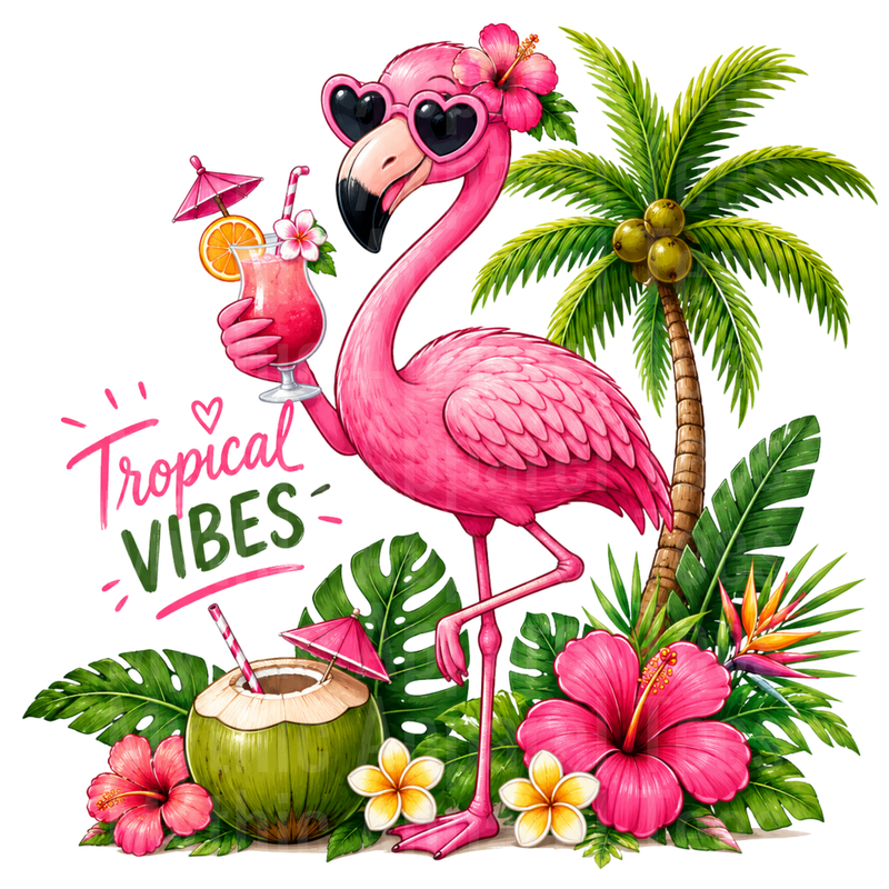 Flamingo Tropical Vibes Cocktail Palm Tree Hibiscus Summer
