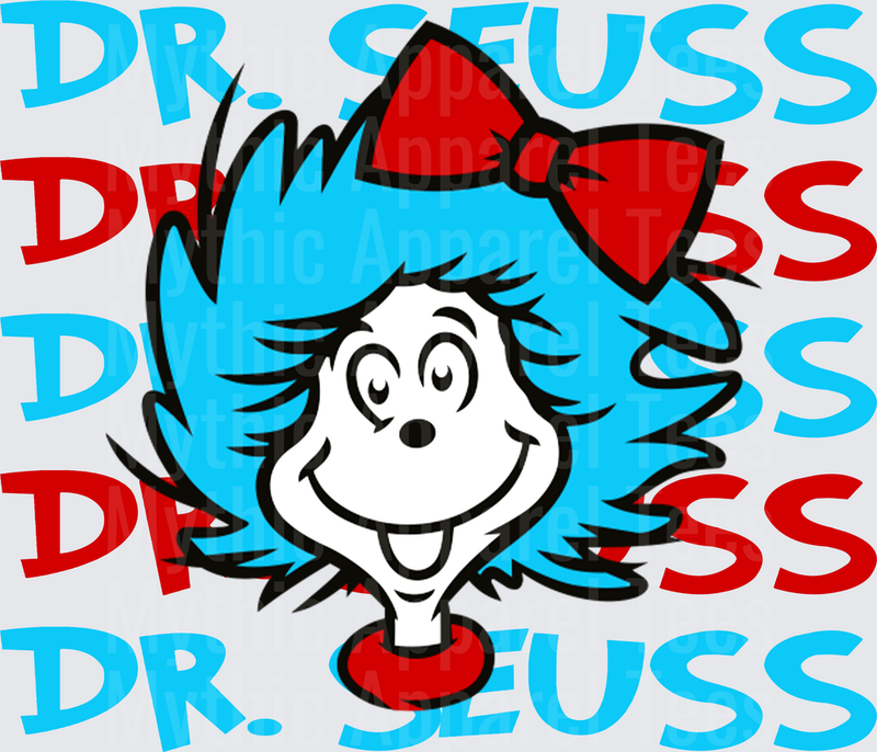 DR Seuss Thing Girl Face Red Bow Blue Hair Repeating Text